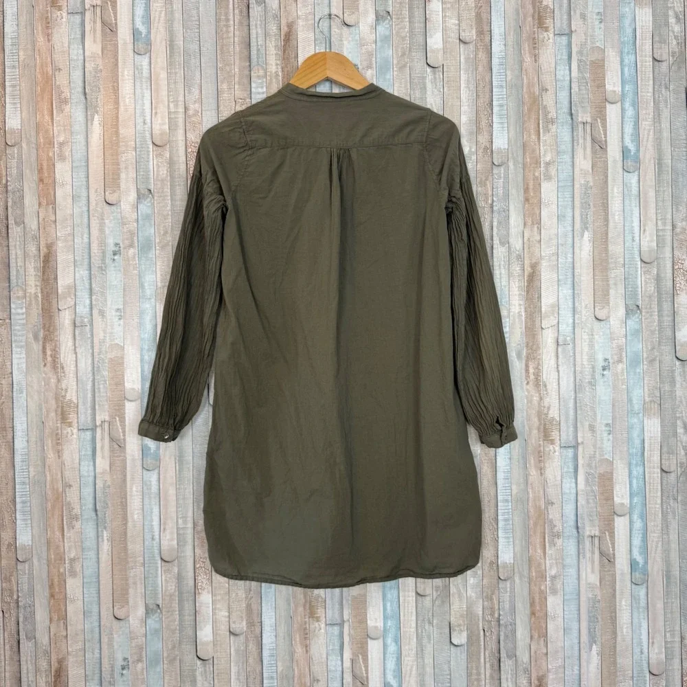 Nili Lotan XS Olive 100% Cotton Pleated Pintucked Tunic Mini Dress Boho Made USA